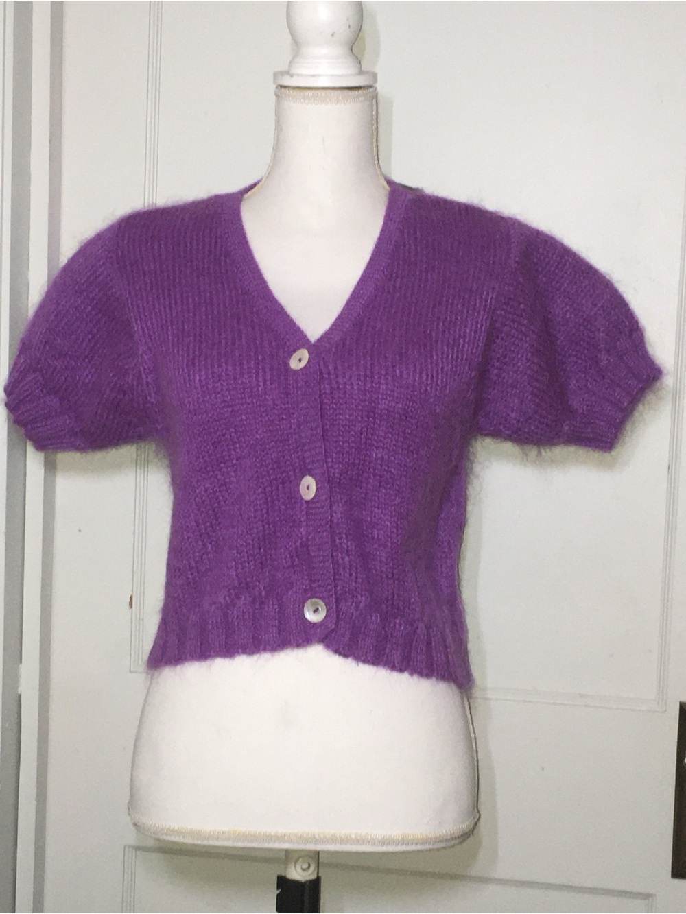Free People Purple V-Neck Short Sleeve Button Cardigan Mohair Sweater